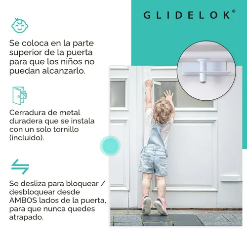 Miniatura 3 de GlideLok - Paquete de 2 cerraduras superiores de seguridad para niños para puertas interiores y exteriores Bloquea y desbloquea desde ambos