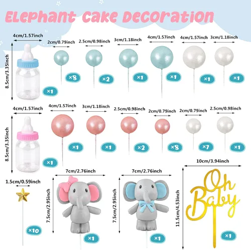 Miniatura 2 de 49 piezas de decoración de pastel de elefante, bolas de perlas, púas de pastel, mini botella de leche, decoración de pastel de estrella