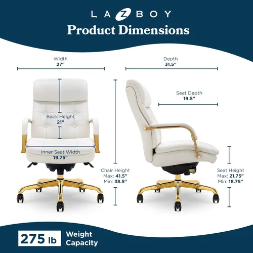 Miniatura 2 de La-Z-Boy Sonata - Silla ejecutiva giratoria ergonómica de cuero regenerado, color blanco y dorado (CCHR10014A)
