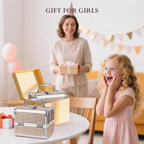 Miniatura 7 de FRENESSA Estuche de Maquillaje Tipo Maleta, Caja de Maquillaje Portátil con Espejo, Caja con Cerradura, Estuches de Maquillaje de Viaje Tipo Maleta