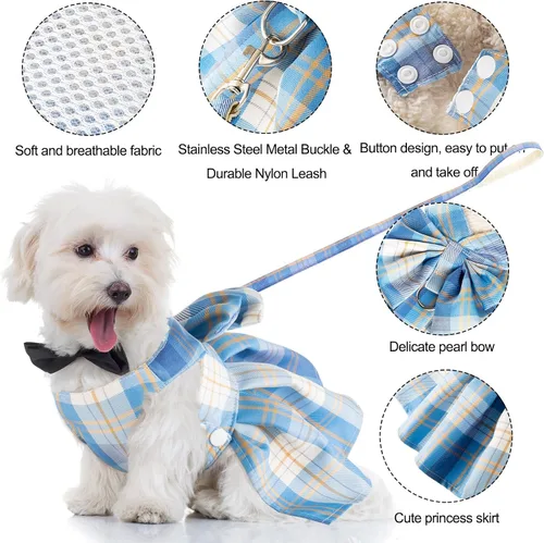 Miniatura 3 de Potchen Juego de 4 piezas de bonito vestido a cuadros para perro con arnés de lazo y correa para perros pequeños, ropa de cachorro para niñas