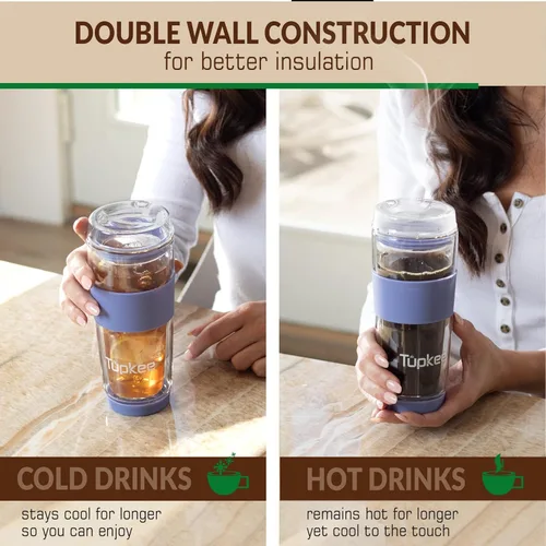 Miniatura 6 de Vaso de vidrio de doble pared de 14 onzas, vaso de té/café aislado reutilizable de vidrio soplado a mano y con tapa, vaso de viaje - Jacaranda