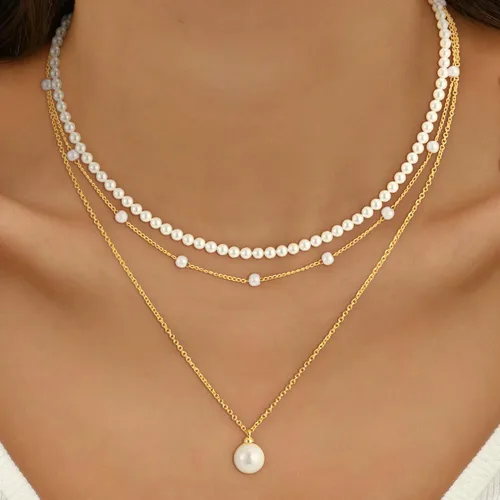 Miniatura 4 de Collares de perlas para mujer, a la moda, chapado en oro de 18 quilates, collar de perlas en capas, collar y aretes de perlas delicadas, pulseras