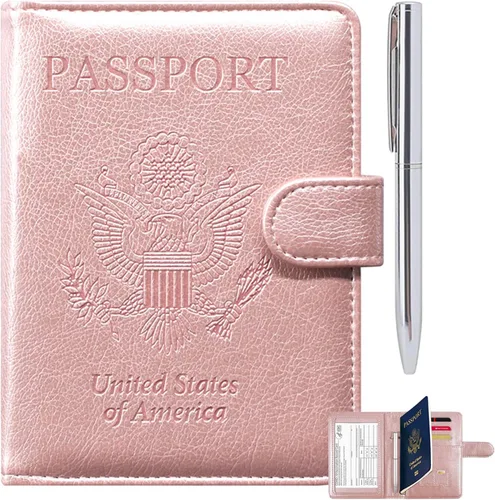 Miniatura 11 de RSAquar Soporte para pasaporte para mujeres y hombres, de piel sintética de alta calidad, cartera de pasaporte de viaje, con bloqueo RFID, cubierta