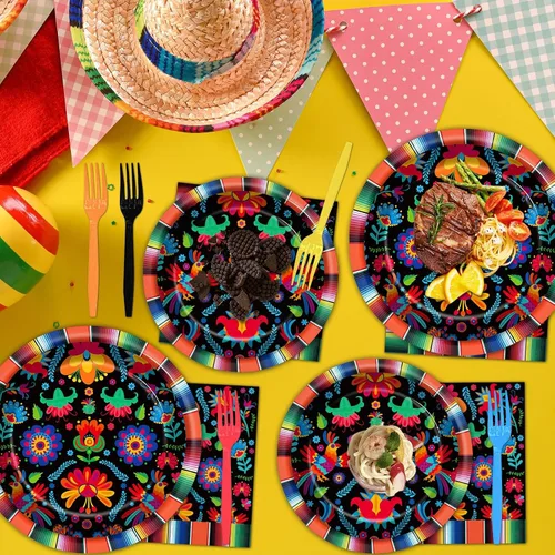 Miniatura 3 de 100 piezas de platos y servilletas para fiesta mexicana, suministros de fiesta Mayo México, vajilla mexicana, juego de vajilla, decoraciones