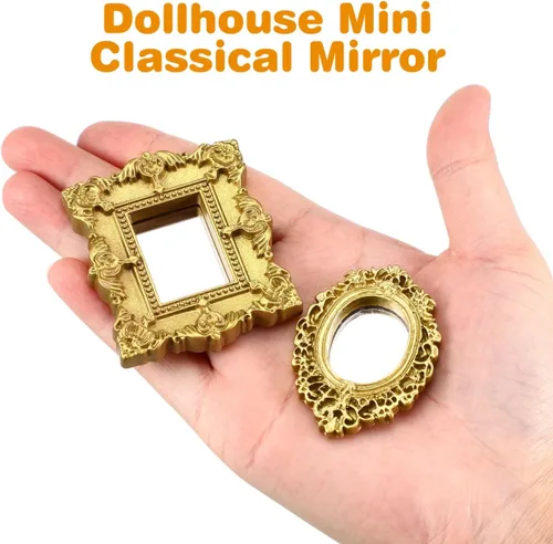 Miniatura 3 de Totority Mini accesorios clásicos para tallado de espejo para casa de muñecas, modelos de micro escena, pequeños espejos decorativos ornamentados
