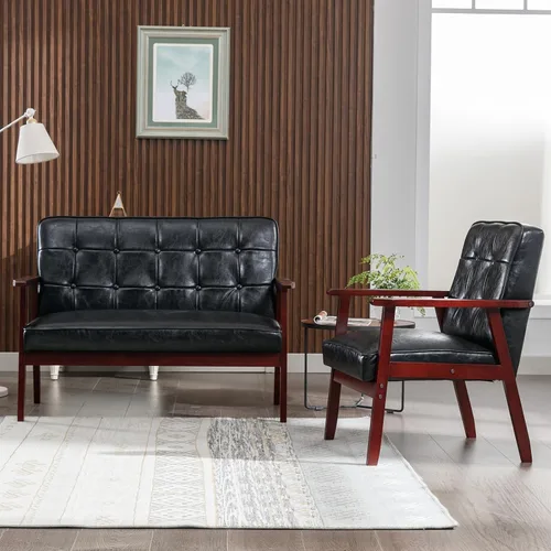 Miniatura 6 de Okeysen Juego de sofá loveseat moderno (negro) - Cuero ergonómico, diseño de mediados de siglo, 2 asientos y silla decorativa, muebles para espacios
