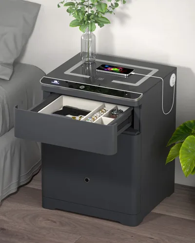 TIGERKING Caja fuerte biométrica 3 en 1, caja fuerte inteligente para el hogar con estación de carga, cajón de armas, iluminación ajustable segura