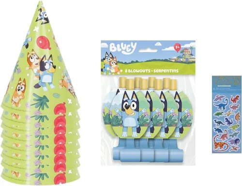Unique Bluey Birthday Party Supplies Bundle includes 8 Party Hats, 8 Blowouts and 1 Dinosaur Sticker Sheet