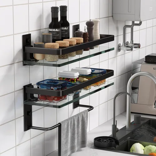 Miniatura 8 de Danpoo Estantes de baño montados en la pared, estante de vidrio templado transparente con toallero, soporte para toallas de mano (negro mate)