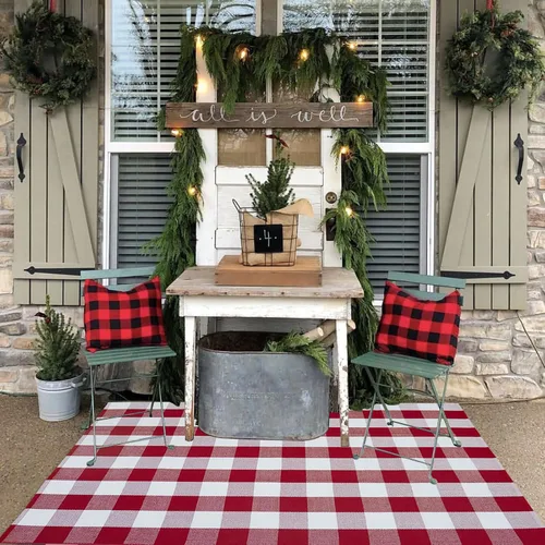Miniatura 32 de Alfombra de Navidad a cuadros para exteriores, 2 x 4 pies 3 pulgadas, rojo y negro, alfombra de área para interiores y exteriores, alfombra de capas