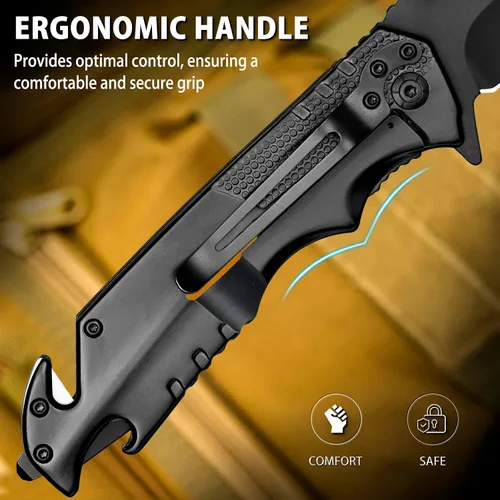 Miniatura 5 de NedFoss FA48 - Cuchillo de bolsillo para hombres, cuchillo plegable multiherramienta 5 en 1 con bloqueo de marco, abrebotellas, rompevidrios