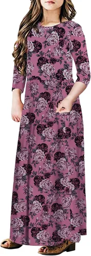 Miniatura 44 de 21KIDS Vestido largo floral de manga larga 3/4 con bolsillos para niñas de 6 a 12 años