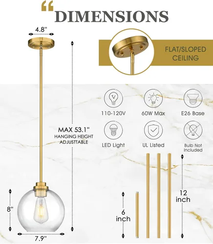 Miniatura 3 de Paquete de 2 Lámparas Colgantes para Isla de Cocina, Lámpara Colgante de 20.3 cm en Oro con Soporte de Vidrio Transparente Esférico, Iluminación