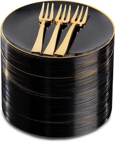 Festiva 200 Piezas Platos de Postre Negro y Dorado de 6.3" con Tenedores de Plástico de 5"- Platos Desechables Pequeños- Platos de Plástico para