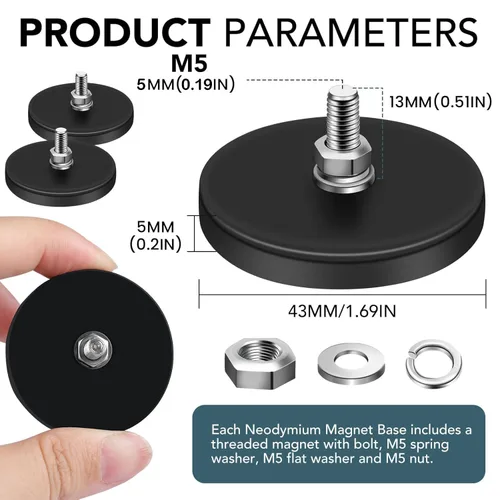 Miniatura 2 de DIYMAG 12 Imanes Recubiertos de Goma, Potencia Adhesiva de 30 LBS Base de Imán Grande de Neodimio Antiarañazos con Imán Roscado M5 con Pernos