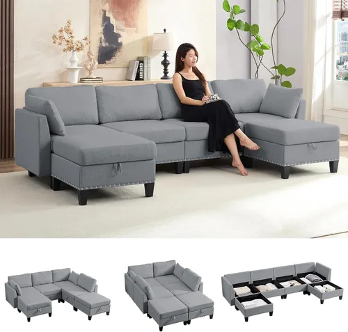 ijuicy Sofá modular convertible de 110 pulgadas con asientos de almacenamiento y 2 otomanas móviles, sofá modular en forma de U de 6 asientos con
