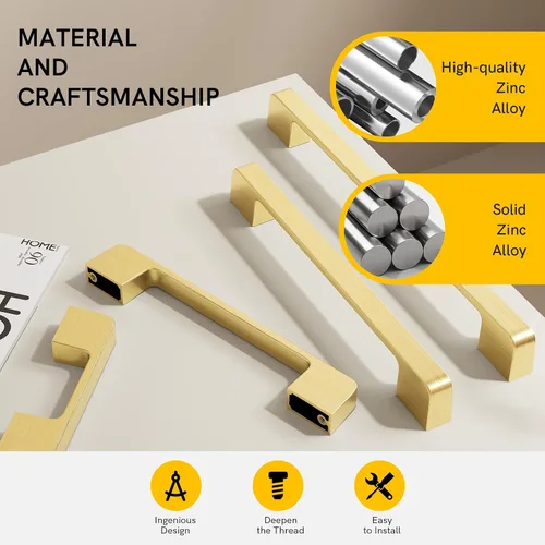 Miniatura 4 de Rergy Tiradores de cocina para gabinetes, paquete de 10 unidades doradas de 5 pulgadas con agujero central, herrajes cuadrados para cajones de Oro