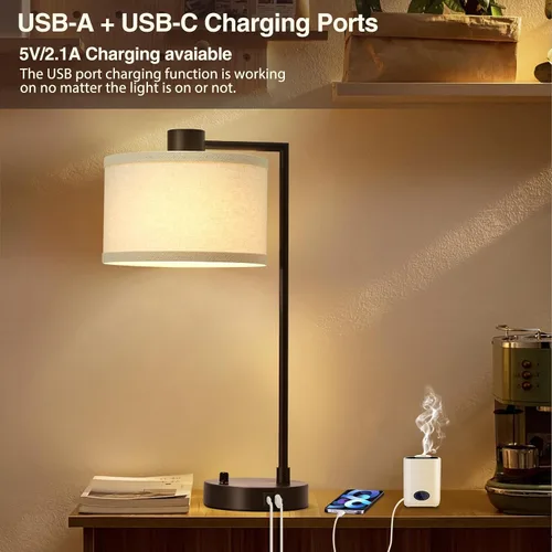 Miniatura 7 de Luvkczc Lámpara de Mesa para Dormitorio Juego de 2 con Puertos USB C+A - Lámpara de Noche Totalmente Regulable Sin Escalones con Pantalla de Lino