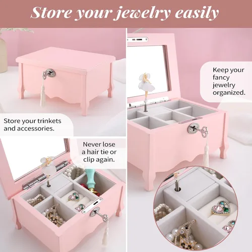 Miniatura 5 de Joyero musical de bailarina de pies grandes con espejo y cerradura para niñas, caja de almacenamiento de joyas rosa para niños, organizador de joyas