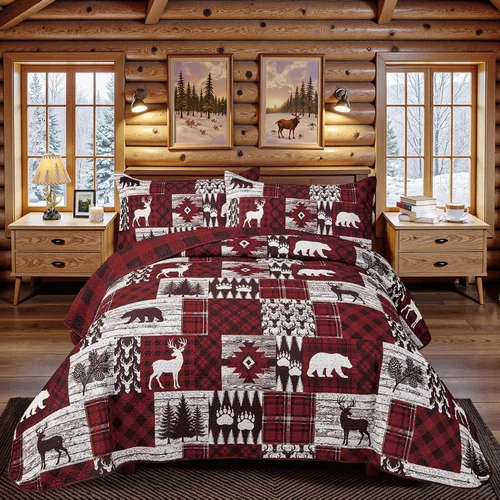 Miniatura 14 de Juego de 3 piezas de colcha tamaño King para cabaña, reversible, navideño, rústico, de microfibra, suave, ligera, de granja, con 2 fundas de 2-Oso