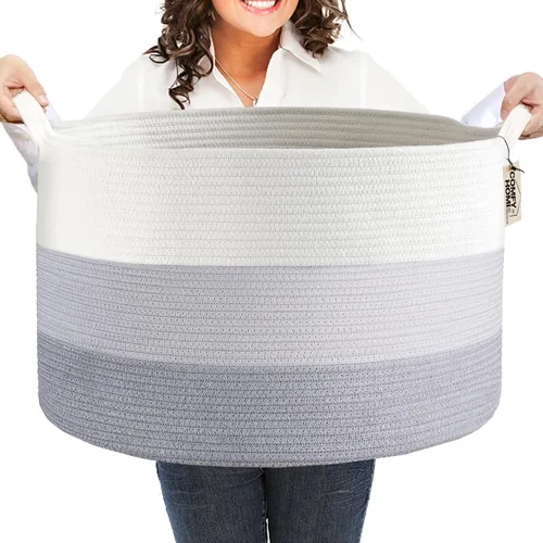 Miniatura 18 de COMFY-HOMI XXL Cesta grande de lavandería con asas, cesta de mantas para sala de estar Cesta decorativa tejida de cuerda de algodón, cesta