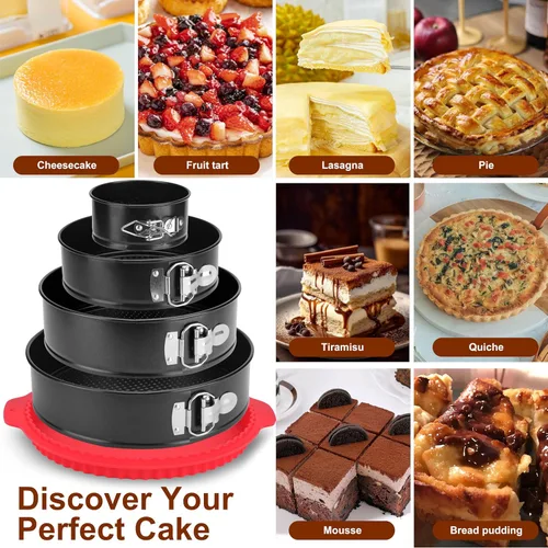 Miniatura 5 de Juego de Moldes Desmontables de 4 Piezas, Moldes para Pasteles de 4/7/9/10 pulgadas con Protector de Silicona a Prueba de Fugas, Antiadherentes a