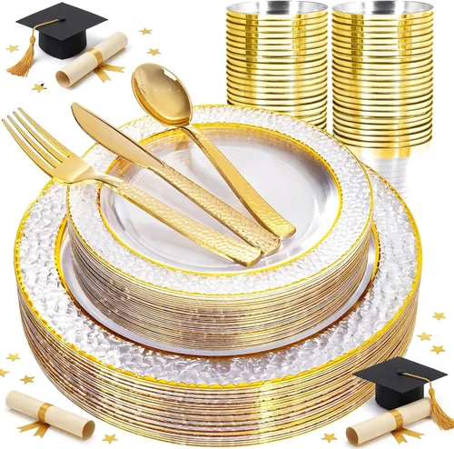 Miniatura 16 de Ciaell 350 platos de plástico color oro rosa, platos desechables de oro rosa transparente con cubiertos de plástico que incluyen 100 platos, 150