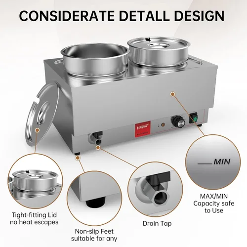 Miniatura 6 de Valgus Calentador de alimentos comercial de acero inoxidable Bain Marie, 2 ollas redondas, calentador de sopa eléctrico con tapa y grifo