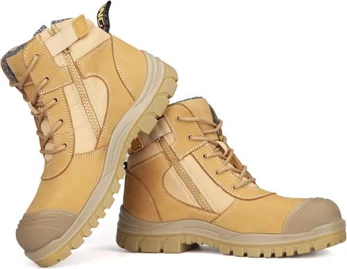 Miniatura 2 de Botas de trabajo para hombre, piel nobuck con puntera de acero, cremallera YKK, 6 pulgadas, SD, antipinchazos (AT501, trigo)