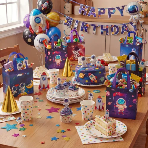 Miniatura 4 de Kigeli 60 bolsas de regalos espaciales de 6 estilos, recuerdos de fiesta espacial, bolsas grandes de regalo no tejidas con asas, bolsa de dulces