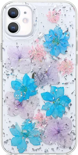 Miniatura 19 de Abbery Funda transparente para iPhone 11 con diseño de flores moradas, bonita funda protectora de silicona suave TPU real seca prensada floral