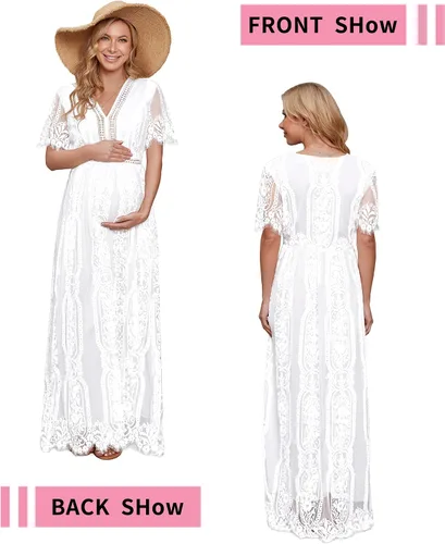 Miniatura 5 de Vestido de maternidad de encaje con cuello en V para sesión de fotos, baby shower, boda, verano, encaje floral, vestidos de embarazo bohemios