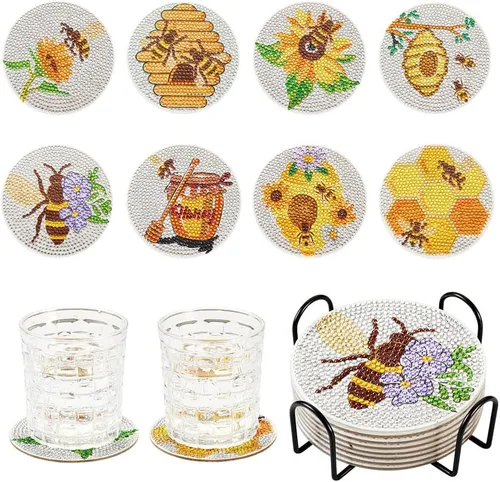 FASHEWELRY 8 posavasos de arte de diamante con soporte para abejas, kit de posavasos de pintura de diamantes para bebidas, kits de arte de diamantes