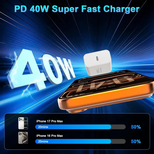 Miniatura 2 de [Certificado Apple MFi] Cargador de iPhone 17 de carga rápida, paquete de 2 cargadores de iPhone de 40 W USB C bloque con cable de carga tipo C de 6