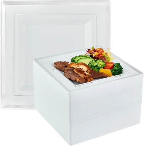 Vplus 90 piezas de 9.5 pulgadas de platos de plástico plateado desechables, elegantes y duraderos de color blanco, platos de plástico para cenas de
