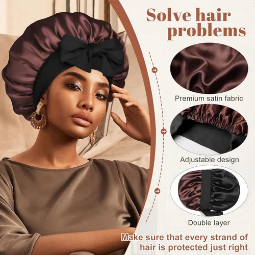 Miniatura 4 de Gorro de satén de seda para dormir, gorro de seda de doble capa con banda elástica para cabello rizado Negro+marrón