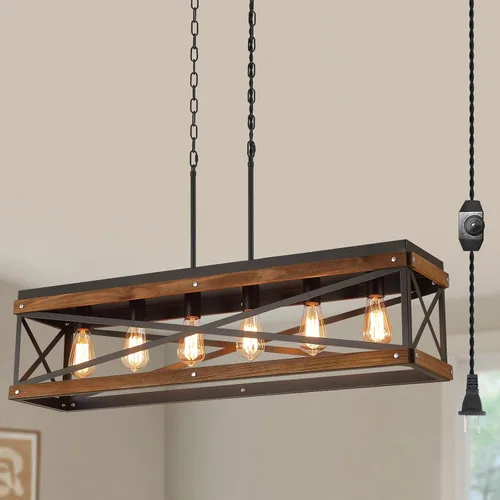 Miniatura 9 de Lámpara Colgante Rústica de Granja con Enchufe con Cadena Ajustable, Interruptor Regulable, Jaula de Tambor de Madera de Roble y Metal, Mini Lámpara