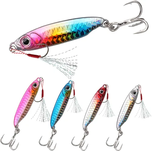 4 señuelos de pesca, cucharas de pesca, con forma especial, de metal duro, lentejuelas, anzuelos de pesca, anzuelos de pesca para amantes de la