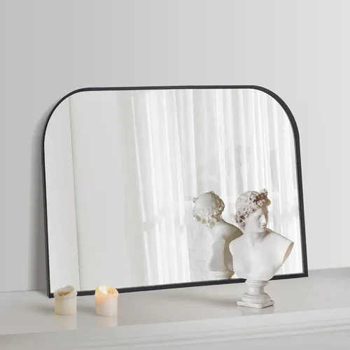 Espejo de pared negro de 30 x 20 pulgadas, moderno mantel minimalista decoración del hogar, espejo arqueado con marco de metal negro cepillado para
