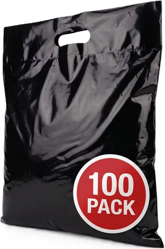 Bolsas de plástico grandes de 16 x 18 pulgadas con asas, bolsas de plástico grandes con asas, paquete de 100 bolsas de mercancía negras gruesas para