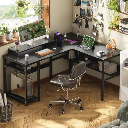 Miniatura 2 de Unikito Escritorio reversible en forma de L con tomas de corriente mágicas y luz LED inteligente, escritorio de esquina para computadora robusto