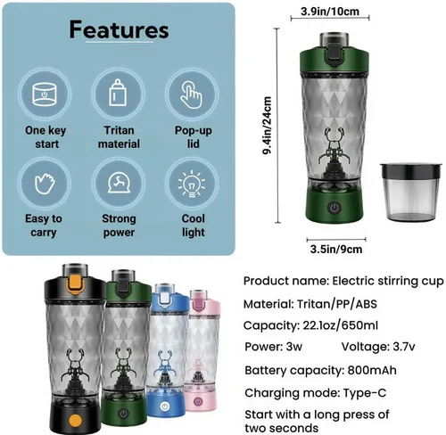 Miniatura 6 de Taza de agitación eléctrica con caja de polvo Botella de batido de proteínas Taza deportiva portátil Taza ligera de gran capacidad (negro)