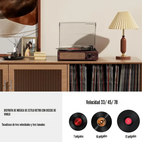Miniatura 4 de Tocadiscos de vinilo con receptor Bluetooth incorporado y 2 altavoces estéreo, tocadiscos retro portátil de 3 velocidades y 3 tamaños para el Marrón