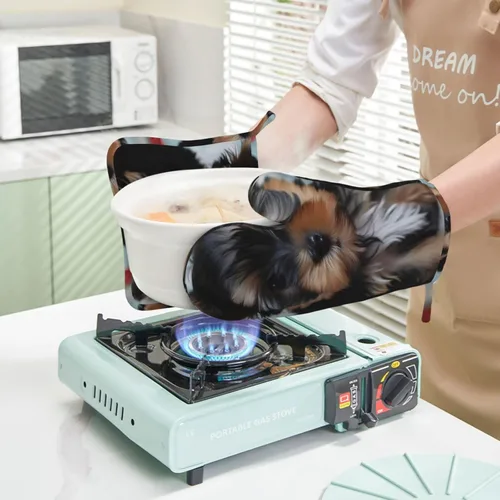 Miniatura 9 de Yorkie - Juego de guantes de horno y soportes para ollas con estampado para cachorros, resistentes al calor, antideslizantes, forro suave, guantes