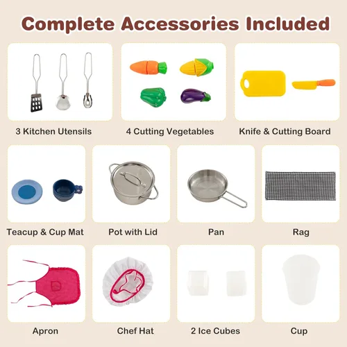 Miniatura 9 de Costzon Juego de cocina para niños, cocina de madera con luces LED de lujo, máquina de hielo, horno, lavadora, teléfono de juego, juego de juguetes