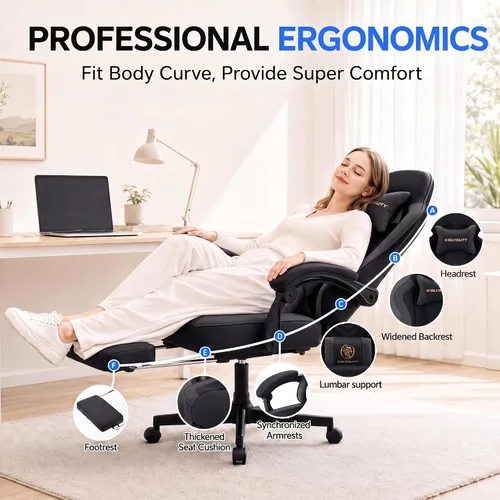Miniatura 5 de Silla de escritorio para juegos para computadora, silla de oficina ergonómica de respaldo alto con reposapiés y soporte lumbar, sillas giratorias