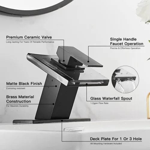 Miniatura 6 de Grifo de baño Chiczam negro con salida de agua en cascada, grifo de un solo orificio con asa de vidrio, grifo mezclador para lavamanos con placa