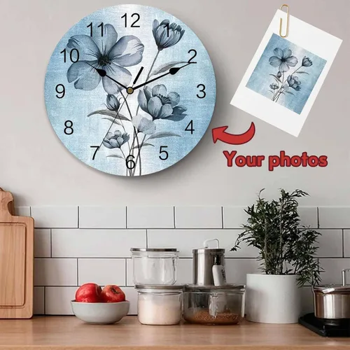 Miniatura 8 de Reloj de pared de flores azules, 10 pulgadas, silencioso, sin tictac, estilo retro, funciona con pilas, elegante reloj floral degradado