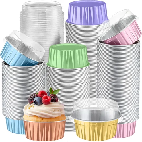 Miniatura 21 de Paquete de 200 Moldes de Papel de Aluminio para Hornear Cupcakes de 5oz Forros para Cupcakes Tazas de Postre con Tapas Moldes Desechables para Verde